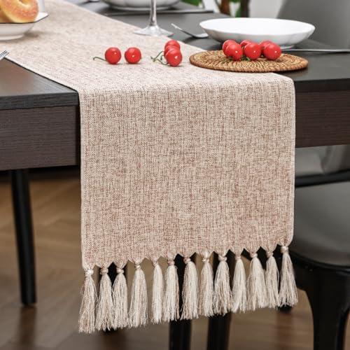 Aofmee Beige Table Runner 72 Inches Long, Burlap Linen Style Rustic Farmhouse Table Runner for Everyday Use, Boho Woven Table Runner with Tassels for Dining Living Room Bedroom Dresser Decor Easy Care