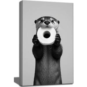 Funny Otter Bathroom Wall Art Decor, Humorous Animal Black and White Canvas Wall Art, Cute Otter Holding Toilet Paper Roll Canvas Artwork Print for Bathroom Toilet Restroom Washroom Wall Decor 16x24''