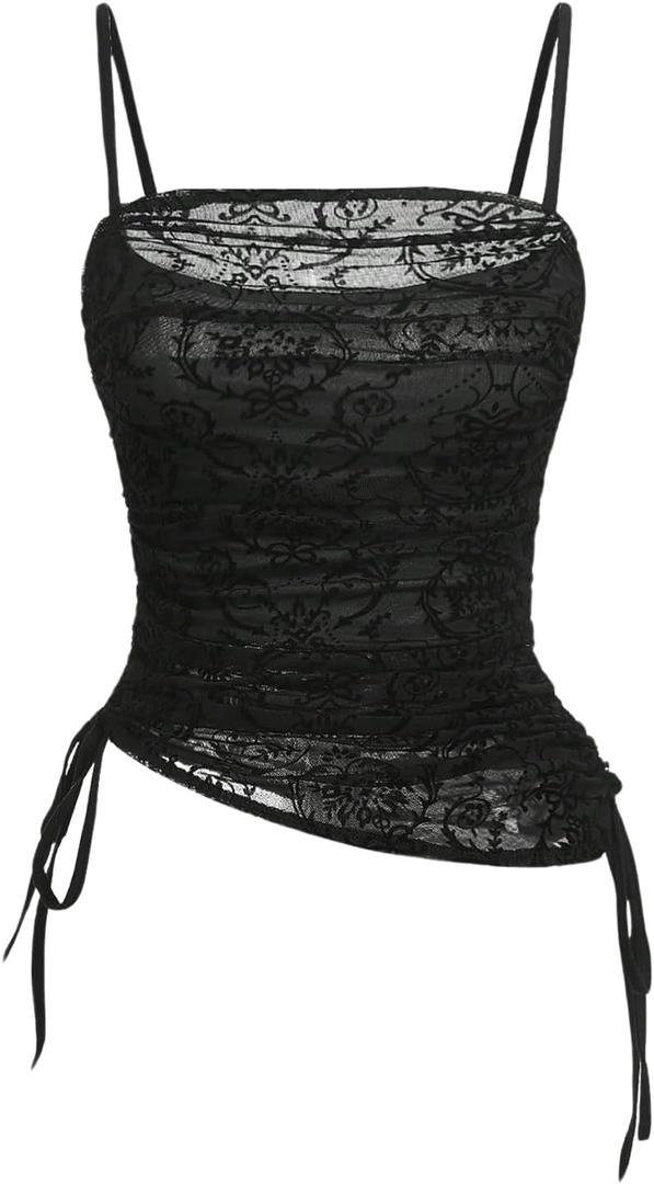 SOLY HUX Women's Ruched Lace Cami Top Drawstring Sleeveless Clubwear Sexy Gothic Tops Plain Black Small