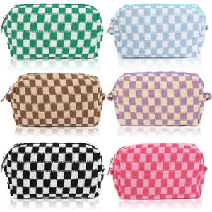 SOIDRAM 6 Pcs Checkered Makeup Bag Preppy Cosmetic Bag Bulk Pink Black Makeup Pouch Personalize Travel Toiletry Bag Organizer Cute DIY Makeup Brushes Storage Bag for Women