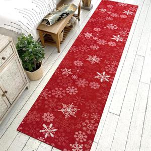Asrug Christmas Red Rug-2x10 Snowflake Washable Runner Area Rug Antiskid Hallway Throw Runner Holiday Low Pile Large Floor Cover Carpet for Bedroom Living Room Laundry Decor