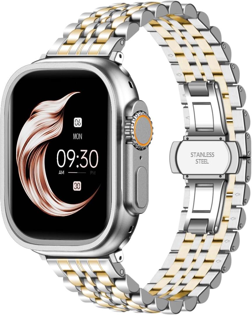 7-Beads Stainless Steel Watch Band For Men Women Compatible With Apple Watch 38mm/40mm/41mm/42mm/44mm/45mm/46mm//49mm Metal Watch Bands for iWatch Series 10/9/8/7/6/5/4/3/2/1 Ultra/SE (Gold- Silver)