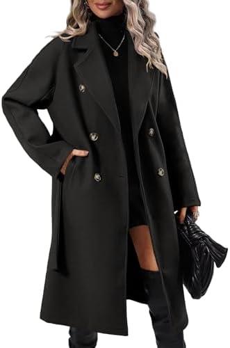 Danedvi Women Elegant Wool Pea Coat Lapel Collar Double Breasted Mid-Long Winter Overcoats with Belted Pockets,L