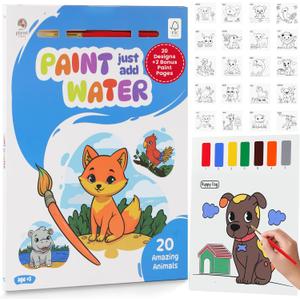 Planet First Paint Just Add Water Books for Kids Animals Watercolor Painting Book with Brush, Includes 20 Activity Pages & 2 Extra Paint Pages, Low-Mess Paint-by-Number Art for Ages 38