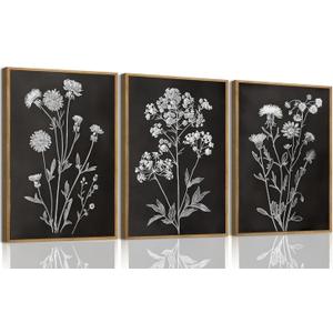 KISSFOX Framed Floral Botanical Canvas Wall Art Vintage Black Background Plant Poster Prints Set of 3 Grey and White Wildflower Painting Modern Farmhouse Decor Pictures Living Room Bathroom Bedroom (Black Floral, 16"x24" Natural Framed)