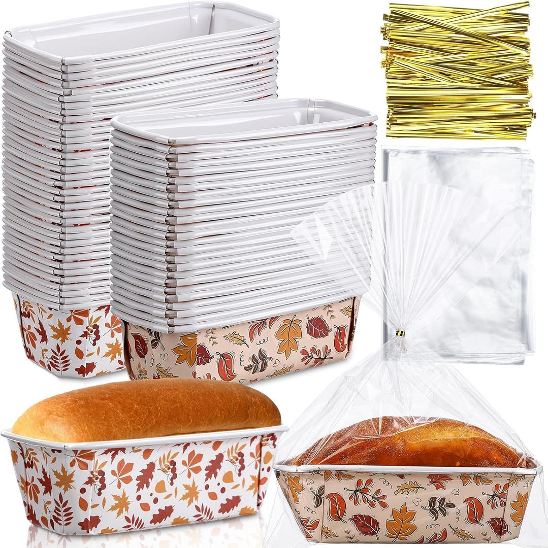 Hushee 50 Sets Fall Paper Loaf Pan 6.3 x 2.2 x 2.2 Inch Disposable Cake Pan Liners with Clear Plastic Bags and Ties Rectangle Paper Baking Mold for Thanksgiving Autumn Bread Cake Bakery (Leaves)