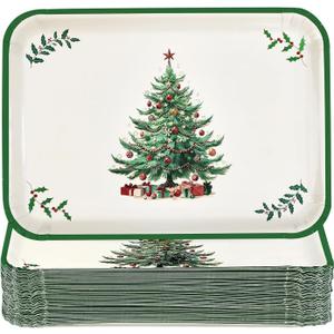 50Pcs Christmas Serving Trays 10 x 14 Inch Large Heavy Duty Xmas Tree Holly Leaf Disposable Platter Holiday Paper Plates for Serving Food Cookies Dessert Winter Festival Party Supplies Table Decor