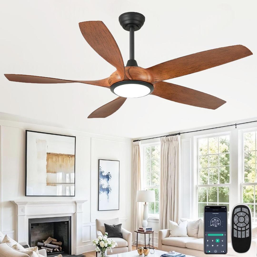 54'' Ceiling Fans with Lights, Modern Ceiling Fan for Living Room, Bedroom, ABS Plastic Blades, Dimmable LED, 6 Wind Speeds, Reversible Motor (Brown & Black)