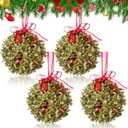XunYee 4 Pack 5 Inch Christmas Mistletoe Door Kiss Ball Ornament Hanging Decor, Artificial Glitter Kissing Ball Ornament with Bow and Red Berries for Home Christmas Tree Party Decor