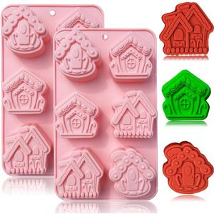 BENEKIY 2 Pack 3D Christmas House Silicone Molds Gingerbread House Soap Moulds Tray 6 Cavity Non-stick Baking Molds for Chocolate Cake Dessert Candy Mousse Pastry Handmade Soap