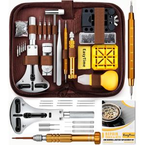 EasyTime Watch Repair Kit, Watch Link Removal Tool, Watch Band Adjustment, Including Watch Back Case Opener, Spring Bar, Operation Manual, Suitable for Battery Replacement and Strap Disassemble (Brown)