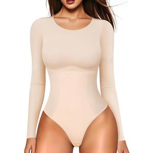 LODAY Womens Long Sleeve Bodysuit Tummy Control Shapewear Crew Neck Body Suits Top, M