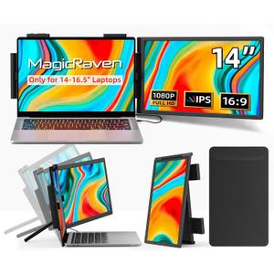 Laptop Screen Extender, 14" 1080P IPS Portable Monitor Travel Monitor for 14-16.5" Laptops with USB-C/HDMI Port, Plug and Play Attachment Screen for Windows/Mac/Android/Switch/PS5/Xbox