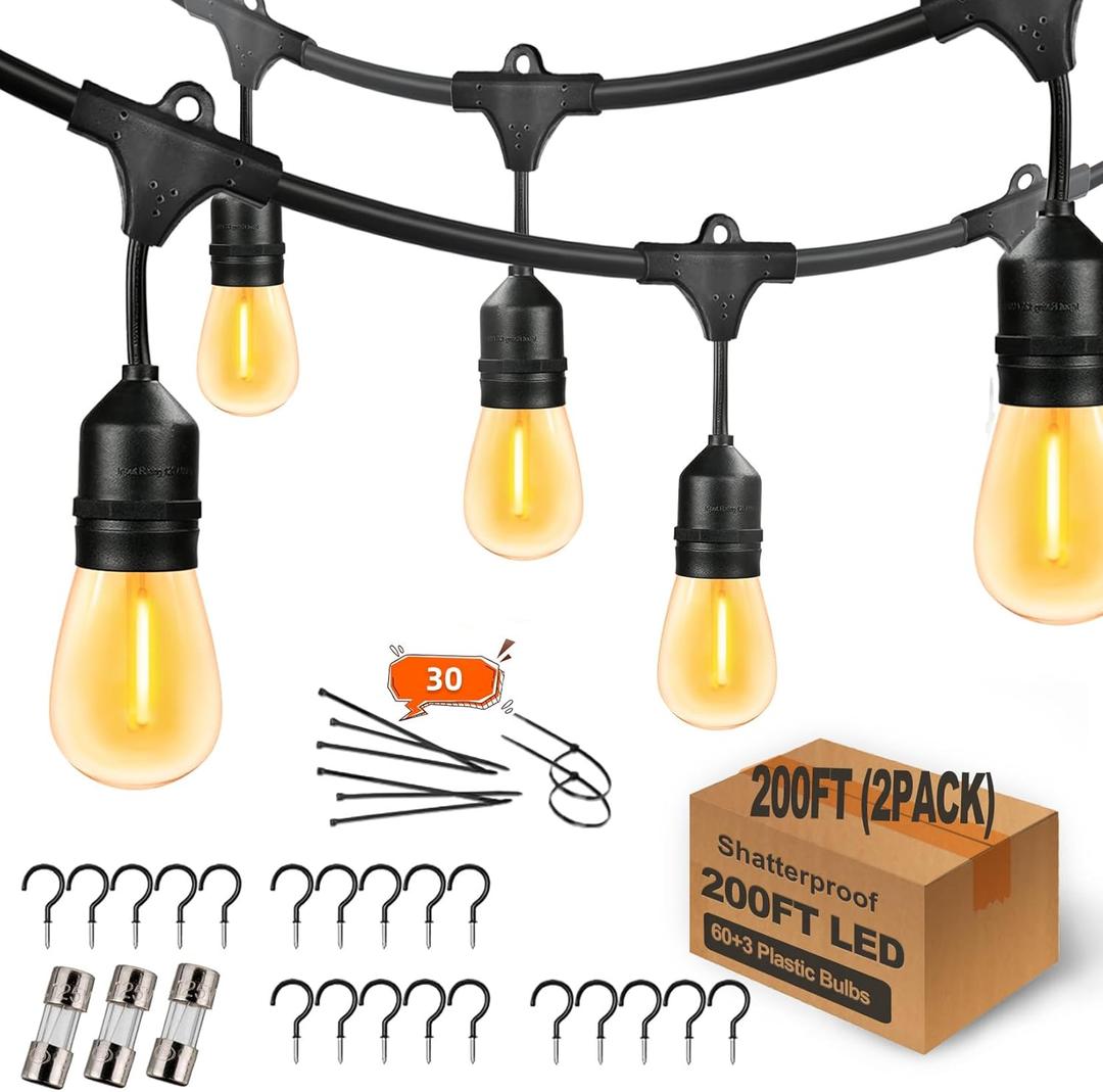 Yuhoolamp 200FT Commercial Outdoor String Lights with 60+3 Replaceable S14 Edison Bulbs 2200K, Weatherproof for Patio Outside, 2Pack Linkable, Hooks and Zip Ties Included