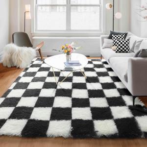 KICMOR Rugs for Living Room, 5x8 Area Rug Black and White Fluffy Shag Soft Checkered Rug Large Fuzzy Plush Furry Shaggy Carpet for Bedroom, Kids Boys Girls Teen Dorm Nursery Home Decor Aesthetic