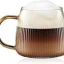 Premium Unique Glass Coffee Mugs Set of 2 Fancy Cups with Stylish Vertical Stripes Pattern - Light Yellow Handle (Clear)