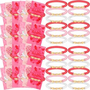 Ecally 24 Pack Valentine's Day Gift Sets Valentine Friendship Bracelets Clay Bead Bracelets with Greeting Cards Exchange Gift for Women Men Holiday Party Favors Supplies