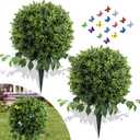 28" Artificial Boxwood Ball Bush, UV Resistant Topiary Tree Faux Boxwood Ball Shaped Porch Bushes with Ground Spike Artificial Bushes for Outdoors Front Door Decor Home Garden (Green)