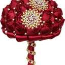 Dark Red Bridal Wedding Bouquet with Gold Rhinestone Pearl for Quinceanera Bride Bridesmaid Satin Rose Flower Brooch Bouquet Wedding Dark Red 9.5in