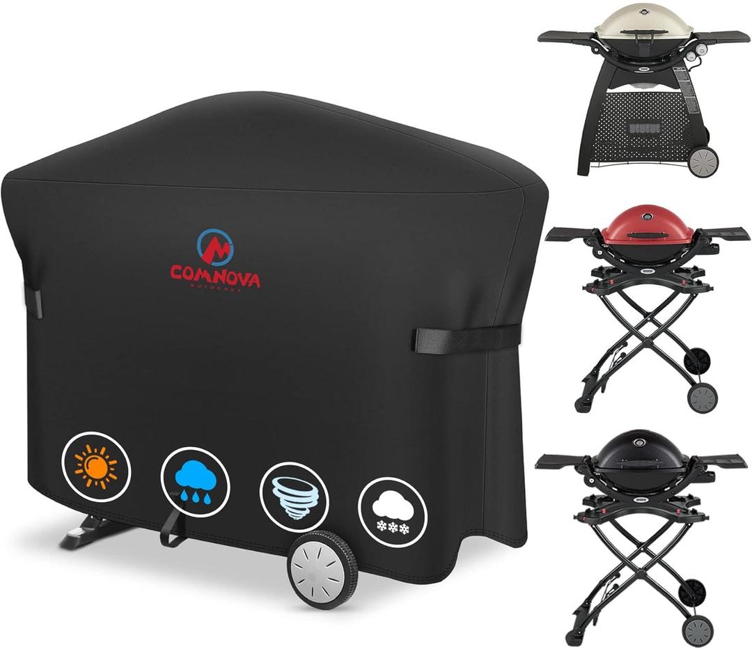 Comnova Grill Cover for Weber Q Series Grill on Cart - BBQ Cover for Weber Q3000/Q300/Q2000/Q200 with Portable Stand, Heavy Duty & Waterproof BBQ Cover for Q3200, 3000, 320, 300 and More