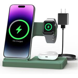 Wireless Charger Stand Charging Station: 3 in 1 Charger Multiple Devices for Apple iPhone 17 16e 16 15 14 Pro Max 13 12 11 for Watch 11 10 9 8 7 6 5 4 3 2 SE and Ultra & Airpods Series, Dark Green