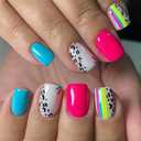 Pack of 4 UCCASA 24PCS Press-on Nails Short Square Colorful Fake Nails Glossy ABS Material Modern Design Pink Blue Leopard Print Half Well Tips False Nails (1 Set of 24 Fl Oz)