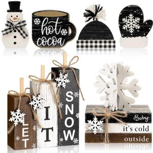11 Pcs Winter Table Decorations Winter Tiered Tray Decor Snowflake Snowman Centerpiece Decorative Wood Books Let It Snow Table Top Decor Wooden Snow Sign
