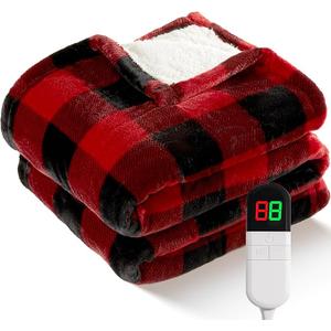 Electric Heated Sherpa Buffalo Plaid Christmas Throw Blanket with 8 Heating Levels & 8 Hours Auto Off, Fast Heating Warm Plush Washable Blanket with OverHeat Protection, ETL Certification, Red, Throw-50" x 60"