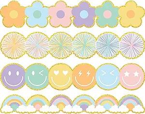 Whaline 60Pcs Bulletin Board Borders Back to School Pastel Colorful Preppy Firework Poms Happy Face Boho Flower Rainbow Border Trim with Gold Edge for Home Classroom Party Wall Decoration