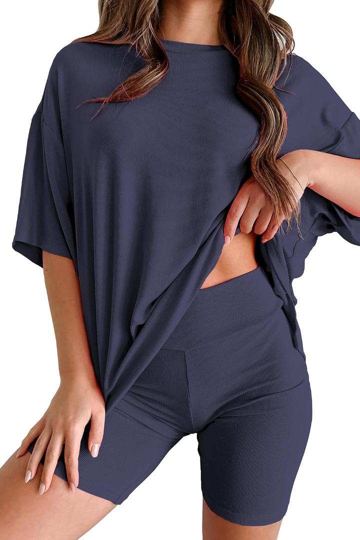 Women's 2 Piece Lounge Set 2026 Summer Outfit Oversized Short Sleeve Tshirts & Biker Shorts Casual Matching Travel Tracksuit Pajamas (Navy Blue, XL) (XL)