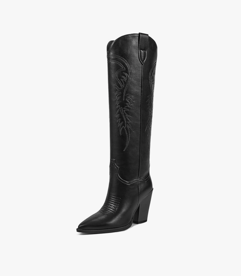 ISNOM Women's Cowgirl Boots Pull On Knee High Boots, Cowboy Western Embroidered Chunky Block Heel Pointed Toes Boots, size 8.5