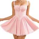Womens Summer Floral Mini Dress Square Neck Tie Front Lace Spliced Ruched Backless Casual Party Graduation Short Dresses (Pink, L)