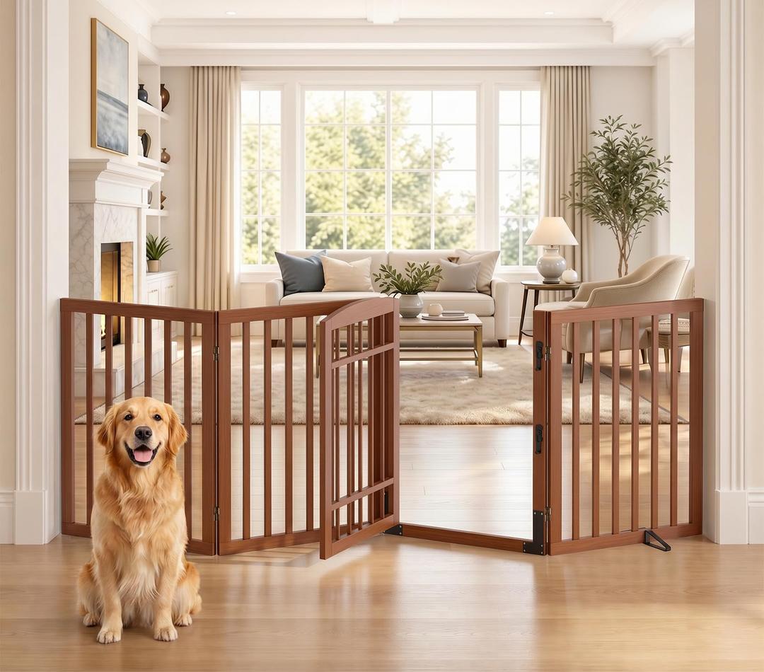 Homykic Dog Gate Indoor with Door, 88" W Bamboo Pet Gate, 30”H, Walnut