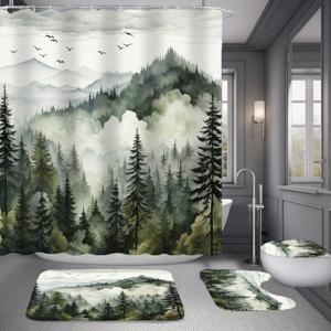 NBVKO 4Pcs Green Misty Forest Shower Curtain Set with 12 Hooks Non-Slip Rugs,Toilet Lid Cover and Bath Mat,Nature Tree Mountain Bathroom Decor for Hotel & Home Bathroom