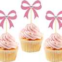 24Pcs Pink Bow Cupcake Toppers Pink Bow Birthday Decorations for Coquette Bridal Baby Shower Wedding Themed Party Decorations Supplies(bow)