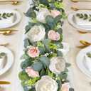 2 Pack 13Ft Artificial Eucalyptus Flower Garland with 16 White Peony Pink Rose, Baby Breath Fake Flowers Greenery Garland Floral Vine for Mantle Wedding Table Runner Centerpiece Backdrop Home Decor