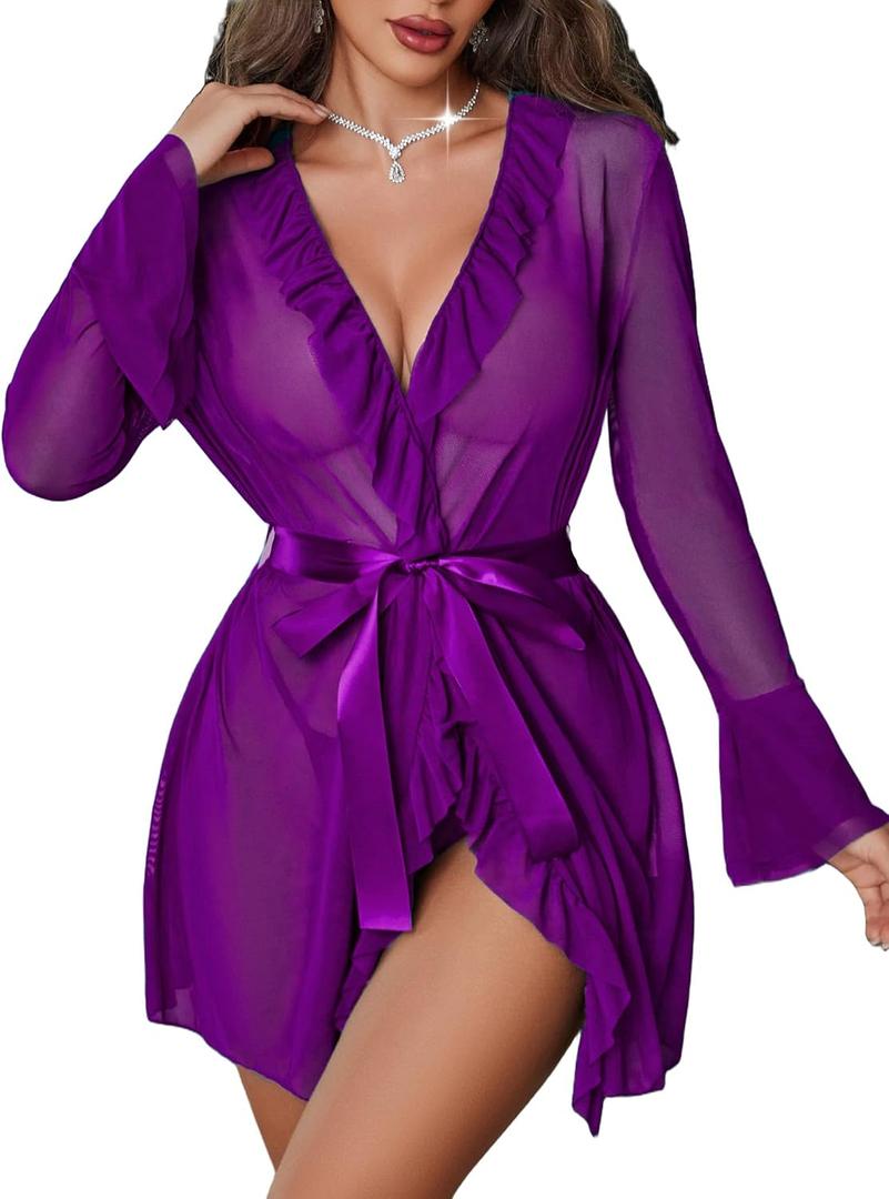 Avidlove Mesh Lingerie Robe Sets Long Sleeve Kimono Nighty With Thong | Sexy, Long Sleeve, Soft, Sheer Mesh, Robe with Thong, Ruffle Bell Sleeves