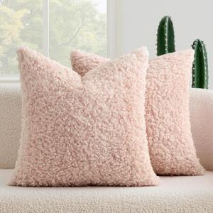 MIULEE Pack of 2 Pink Throw Pillow Covers 18x18 Inch Faux Fur Decorative Sherpa Boucle Spring Pillow Covers Fuzzy Accent Soft Sheepskin Fleece for Boho Home Decor Couch Living Room Bed Valentines Day