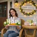 Easter Table Decorations, Wooden Bunny Tabletop Decor with HOP Sign, Rustic Farmhouse Table Centerpiece, Spring Decorations for Home, Easter Bunny Home Decor for Tiered Tray, Mantel, Shelf, Entryway & office