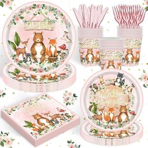 120PCS Woodland Party Supplies for Girls Baby Shower Pink Wild Animal Decorations Plates Napkin Cups Forks Knives Tableware Set for 20 Guests