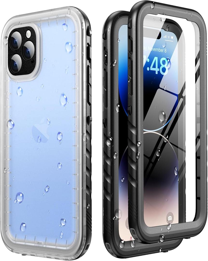 SOKUSIN for iPhone 14 Pro Case Waterproof - Full Body Bumper Case with Built-in Screen & Camera Protector, Shockproof Drop Dust Proof Rugged Phone Cover with Wrist Strap, 6.1", Black/Frosted Clear