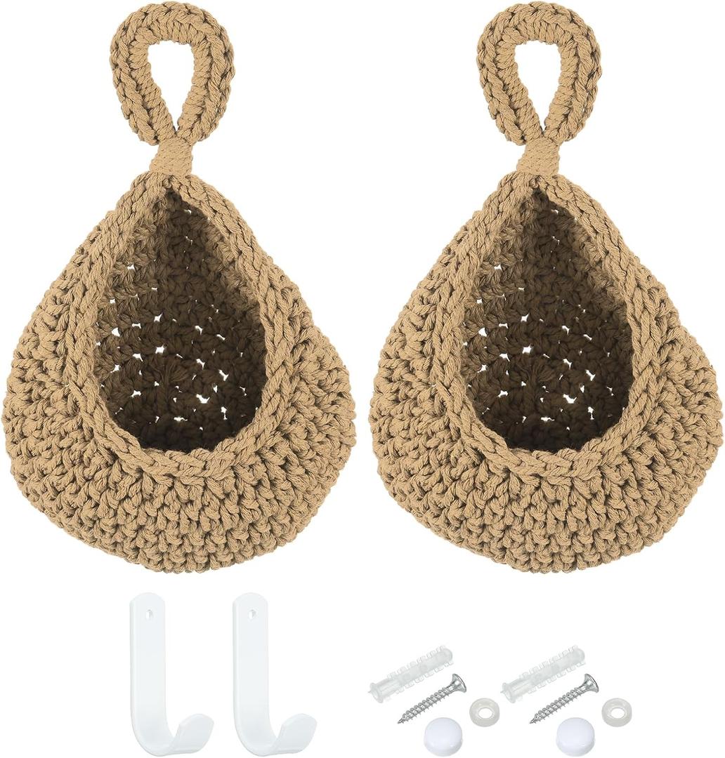 PATIKIL Hanging Fruit Baskets for Kitchen, 2 Pack Mini Size Teardrop Home Decor Storage Hand-Woven Hanging Baskets for Garlic Potato Vegetable, Brown