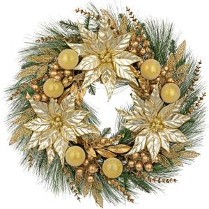 Hollyone Poinsettia Wreath Gold Christmas Wreath Outdoor 24inch Christmas Wreaths Large for Front Door Wreaths with Poinsettia Flowers Berries Magnolia Leaves for Home Wall Window Festival Decorations
