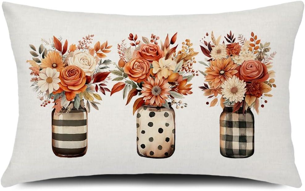 GTEXT Fall Pillow Cover 12x20 inch Autumn Bouquets Floral Stripes Dots Jar Throw Pillow Cover Autumn Decor Thanksgiving Outdoor Seasonal Decorative Pillowcase Farmhouse Decor for Sofa Bed Couch