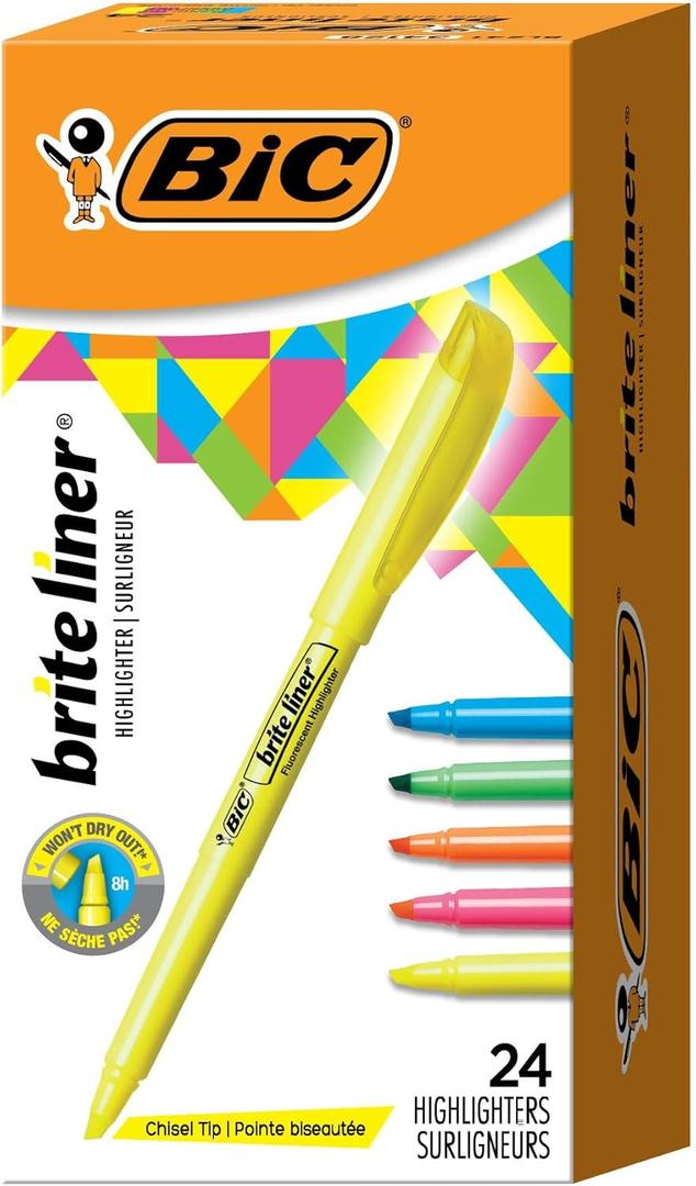 BIC Brite Liner Highlighters with Chisel Tip for Broad and Fine Lines, 24-Count Pack in Assorted Colors