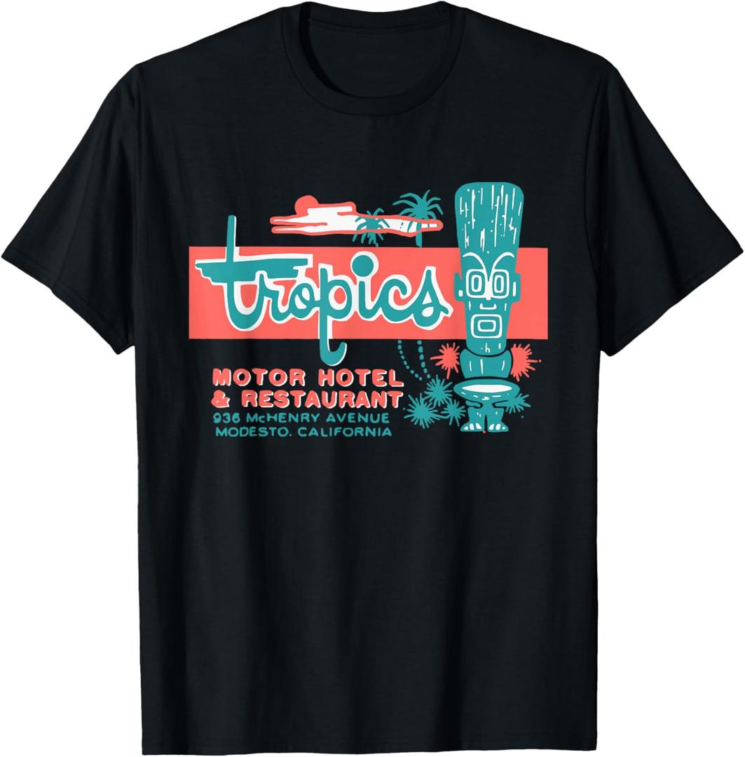 Tropics Motor Hotel / Hawaiian Style / Tiki Bar / 50s Style T-Shirt (Small, Black)