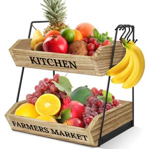 Fruit Basket for Kitchen Countertop, 2 Tier Fruit Bowl with 3 Banana Hangers, Large Capacity Fruit Stand Storage Holder, Wooden Basket for Fruit Vegetables Snack, Kitchen Organizer Decor (Natural)