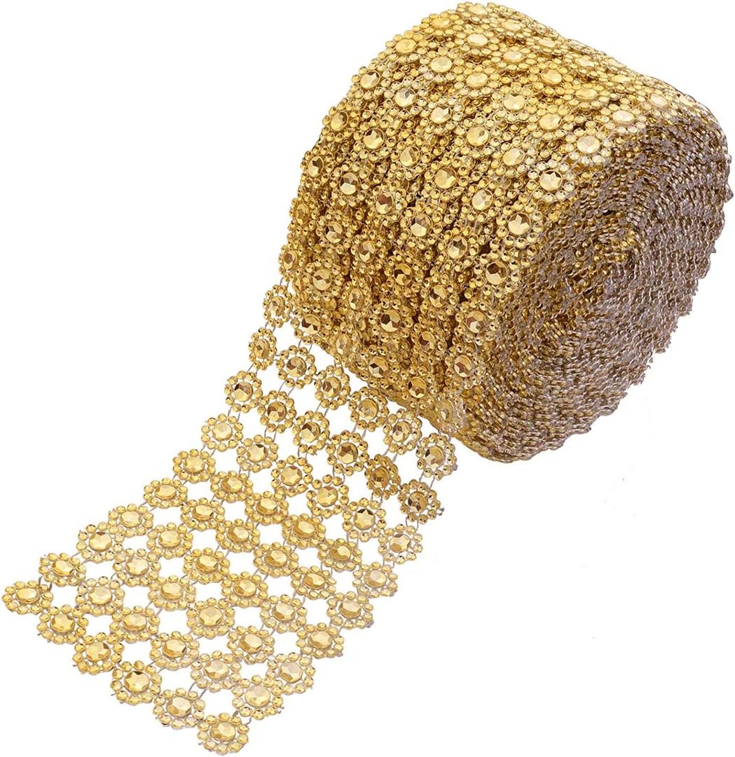 YYaaloa Crafts Faux Diamond Bling Wrap 4" x 10 Yards 6 Rows Gold Flower Pattern Faux Rhinestone Crystal Mesh Ribbon Roll for Wedding, Party, Centerpiece, Cake, Vase Sparkling Decoration (Gold)