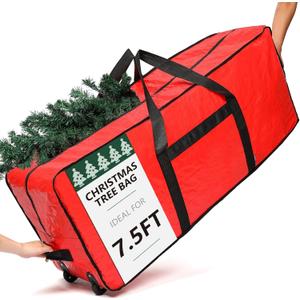 HOMEST Christmas Tree Storage Bag, Fits for 6/7.5 ft Xmas Artificials, Zippered Bag with Reinforced Carrying Handles and Wheels, Red (Bag Only)