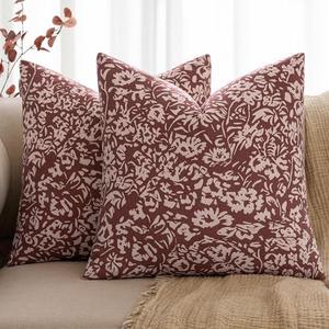 MIULEE Floral Pillow Covers 18x18 Set of 2, Neutral Linen Decorative Throw Pillow Covers for Sofa Couch Outdoor Living Room, Farmhouse Cushion Covers, Wine Red
